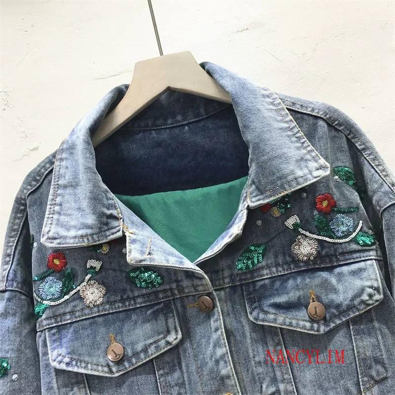 Весна осень новая Корейская куртка Женская свободная тяжелая промышленность вышитая блестками Джинсовая куртка куртки женские джинсовые пальто Топ