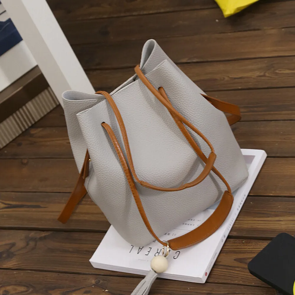 

Top-Handle Crossbody shoulder bag Fashion Women Leather Tassels Single Shoulder Bucket Bag+Clutch Bag 1Set Canta mochilas 30