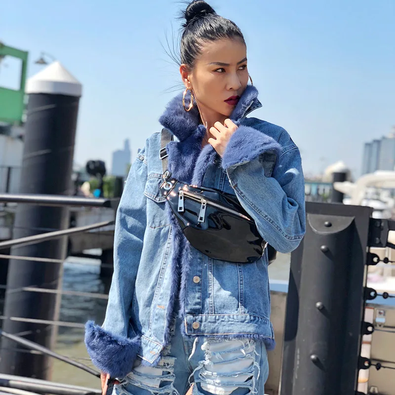 

90% White Goose Down Jackets Woman Winter Real Mink Fur Collar Down Liner Thick Warm Denim Coats Streetwear Underwear Women