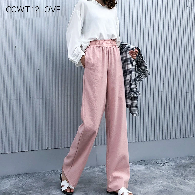 

Chic Loose Summer Pants Women 2019 Solid Straight Pants Elastic Waist Ladies Casual Trousers High Waist Black Khaki