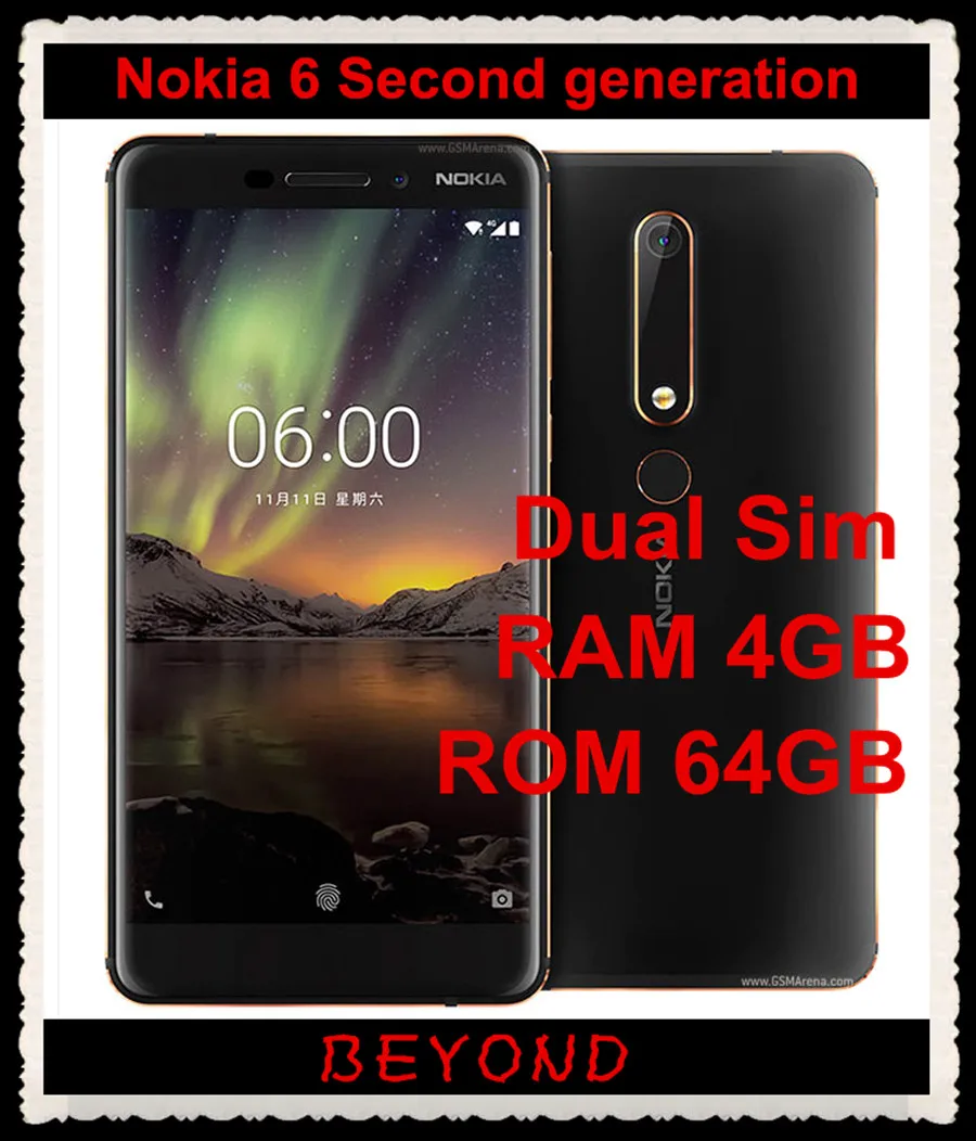 Nokia 6 второго поколения 2 TA-1054 Dual Sim разблокированный телефон на ОС Android LTE GSM 5,5 ''16 МП Восьмиядерный 4 Гб ram 64 Гб rom