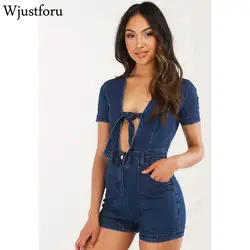 Wjustforu сексуальный повязку джинсовые комбинезон женщин Летняя мода игровой костюм с коротким рукавом женская, с перфорацией Повседневный