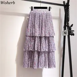 Woherb Лето Повседневное длинные шифоновая юбка 2019 корейский элегантный цветочный пурпурная юбка дамы Винтаж плиссированная юбка Faldas Mujer Moda