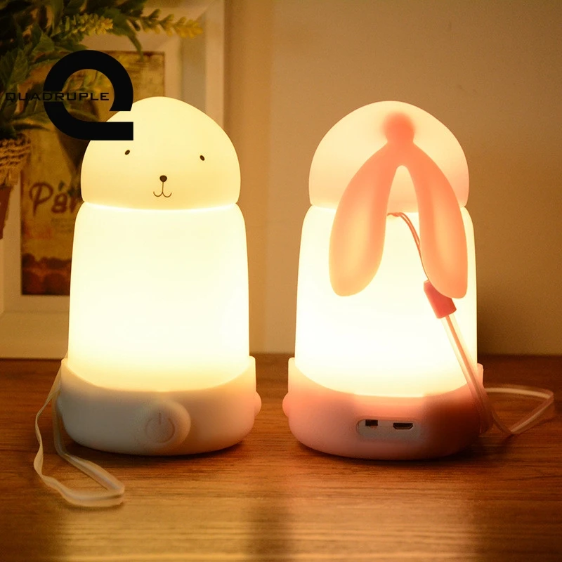 Четверка Симпатичные Силиконовые кролик ночник светодиодный зарядка через usb настольная лампа освещения дома украшения Открытый Отдых