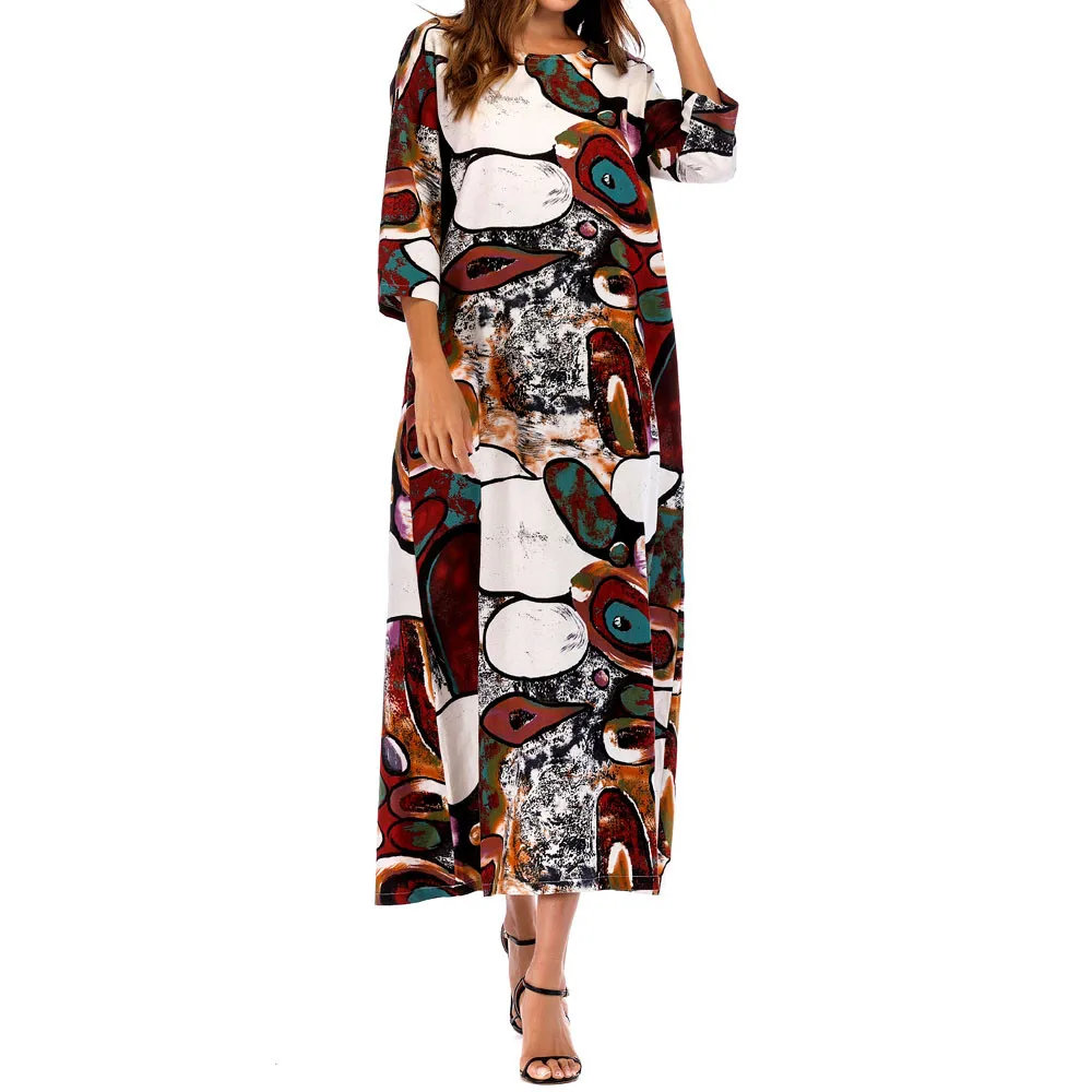 

Casual Large Size Crew neck dresses Women flowers Printing Three quarter-sleeved Cotton Linen Bohemian Dress #7