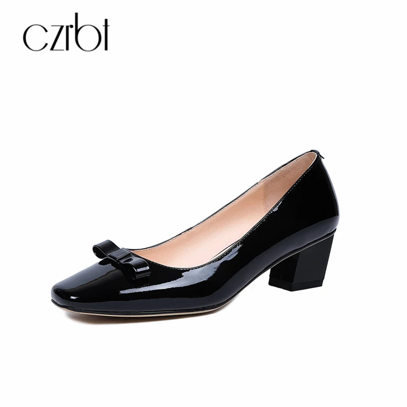 

CZRBT Women Pumps 2018 Spring Autumn Handmade Genuine Leather Casual Slip-On Med Hoof Heel 3CM Elegent Butterfly-Knot Shoes