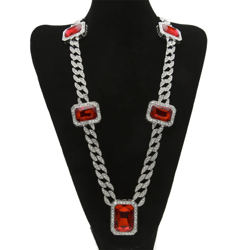 UWIN, мужские хип-хоп ювелирные изделия в стиле рок, золото, серебристый цвет, 5 шт., квадратный красный драгоценный камень, кристалл, 30 дюймов, полные стразы, ожерелье с кубинским соединением