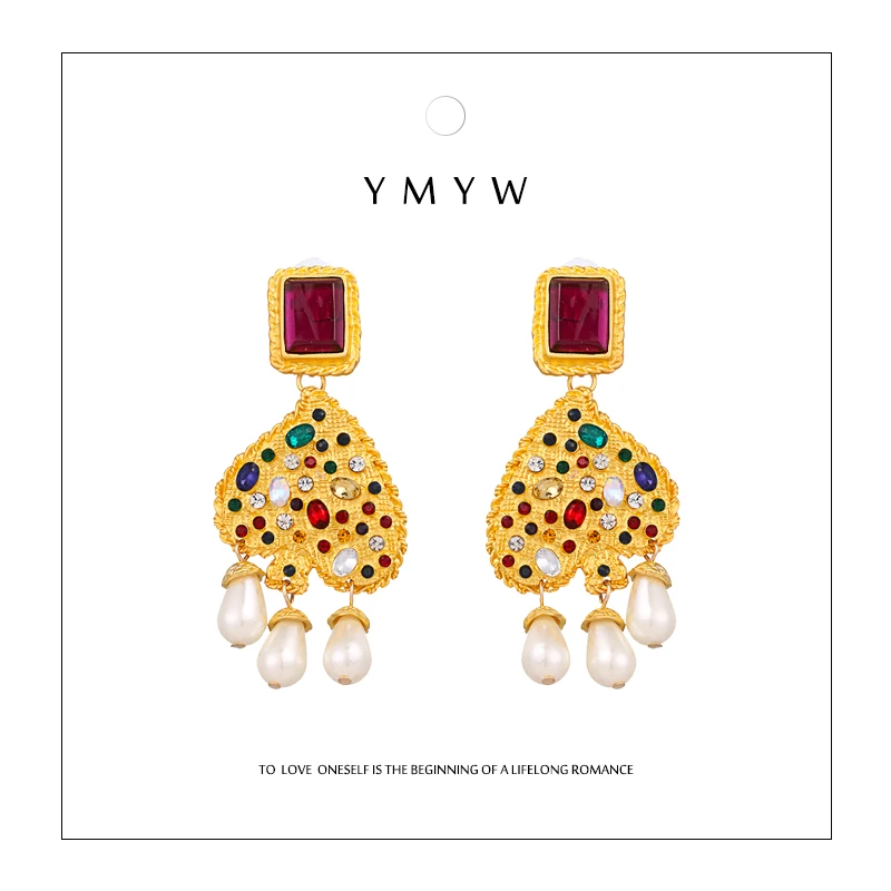 

YMYW ZA Stylish Simulated Pearl Gold Heart Drop Earrings Crystal Rhinestone Valentine's Day Earring for Women Wedding Party Gift