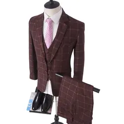 Пользовательские цвет красного вина плед Стиль Свадебные Для мужчин Костюмы Пиджаки Slim Fit костюм мужской смокинг Бизнес отдыха формальный