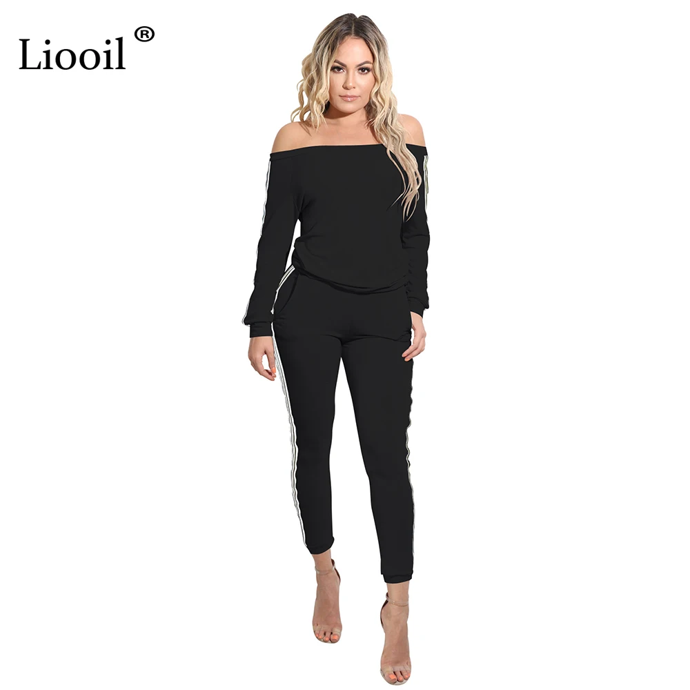 Liooil White Striped Patchwork Body Suit Autumn Two Piece Long Sleeve Slash Neck Jumpsuit Sexy Off Shoulder Black Skinny Romper Body : image Liooil White Striped Patchwork Body Suit Autumn Two Piece Long Sleeve Slash Neck Jumpsuit Sexy Off Shoulder Black Skinny Romper Body