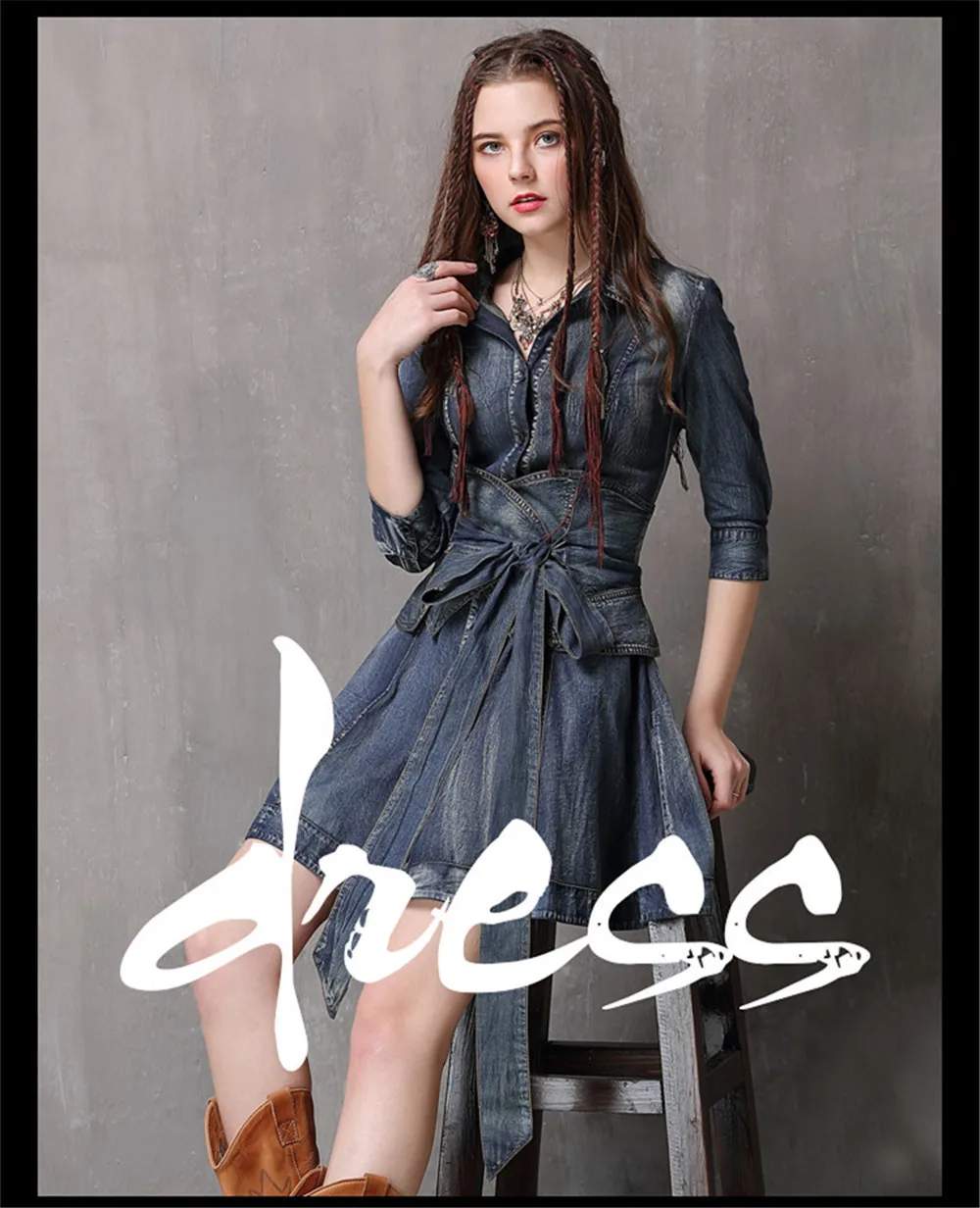 Vintage Summer Sashes Dress 2018 New Denim Three Quarter Sleeve  Dresses Turn-down Collar A-line Single Breasted Vestios (1)