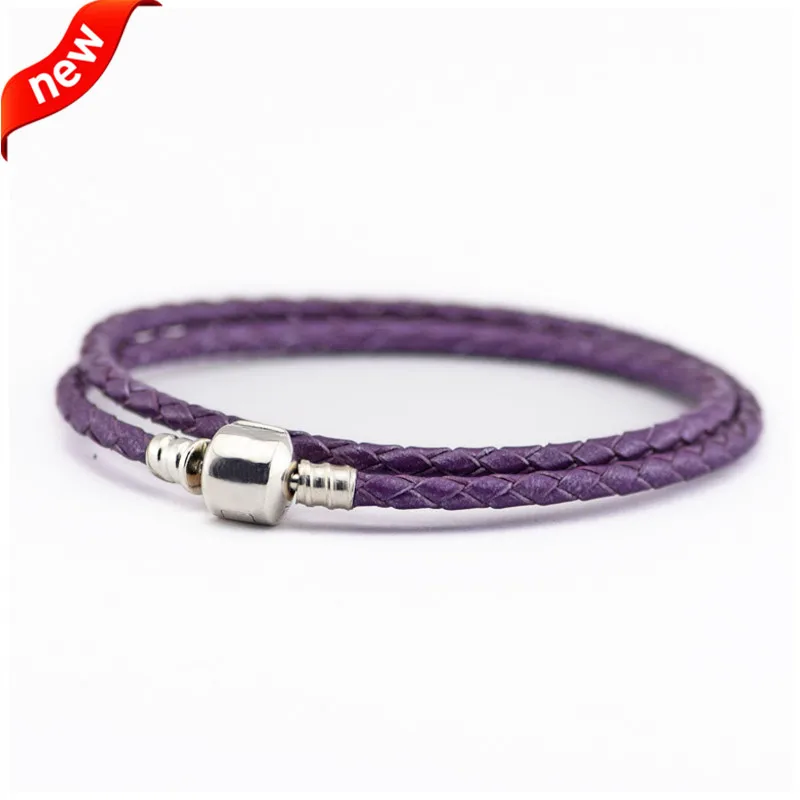 

Original 925 Sterling Silver Bracelet Bangle Purple Double Braided Leather Bracelets for Women DIY Jewelry Making Berloques