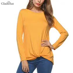 Гладиолус 2018 осень Для женщин футболка с длинными рукавами и круглым вырезом узел желтый черные свободные Повседневное футболка Для