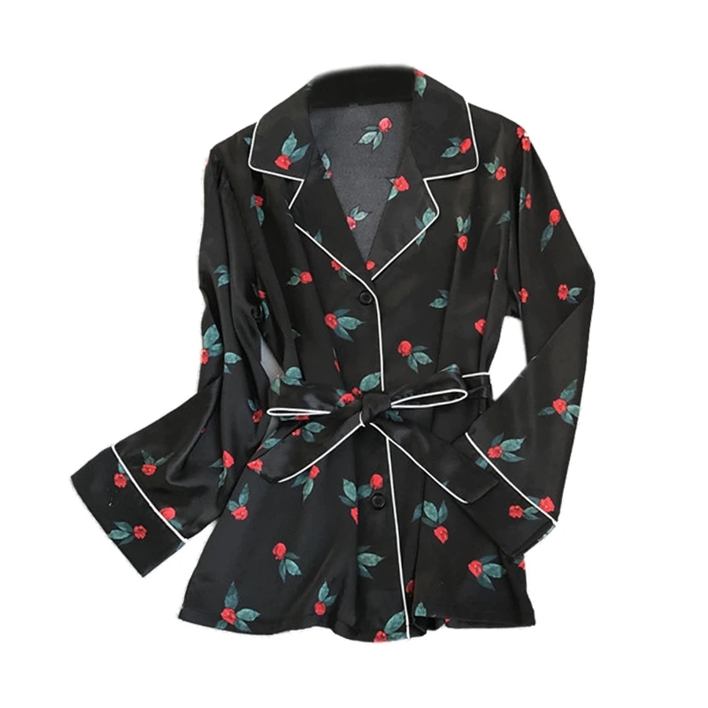 

Autumn New Floral Print Silk Pajama Suit That Occupy The Home Belt Pajamas