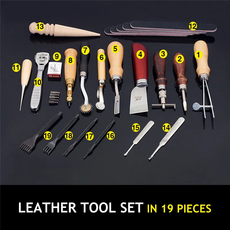 Leather Craft Punch Tools Kit Stitching Carving Working Sewing Saddle Groover 18