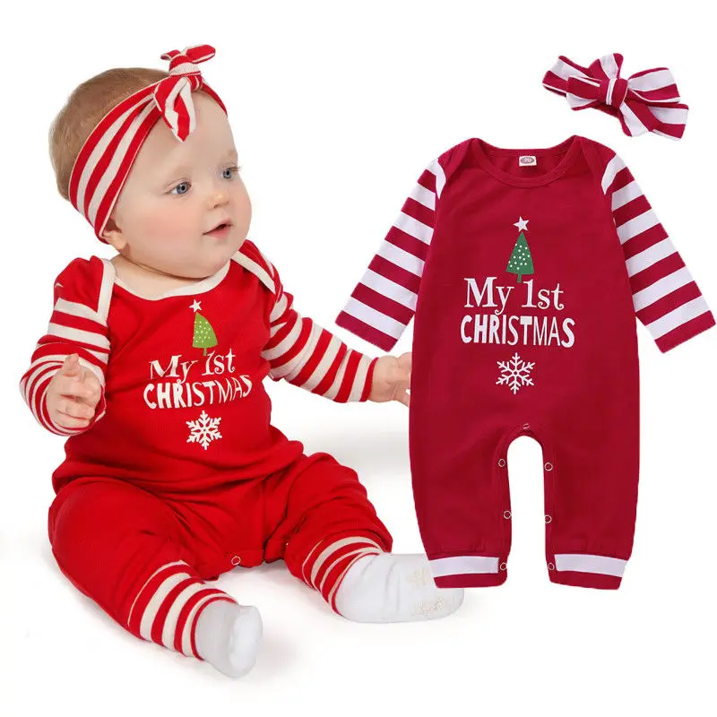 

2 PCS Fashion Baby Christmas Costume Newborn Girls Stripes Long Sleeve XMAS Baby Rompers Jumpsuit Headband Outfit Casual Clothes