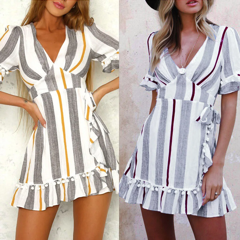 

2019 Summer Elegant Fashion Striped Dress Sexy Deep V-Neck Short Sleeved Button Vintage Casual Female Vestidos W0528