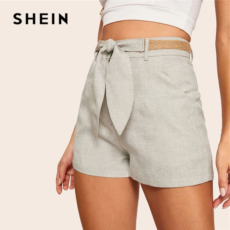 

SHEIN Grey Vintage Slant Pocket High Waist Shorts With Straw Belt Summer Casual Streetwear Solid Zipper Fly Women Shorts