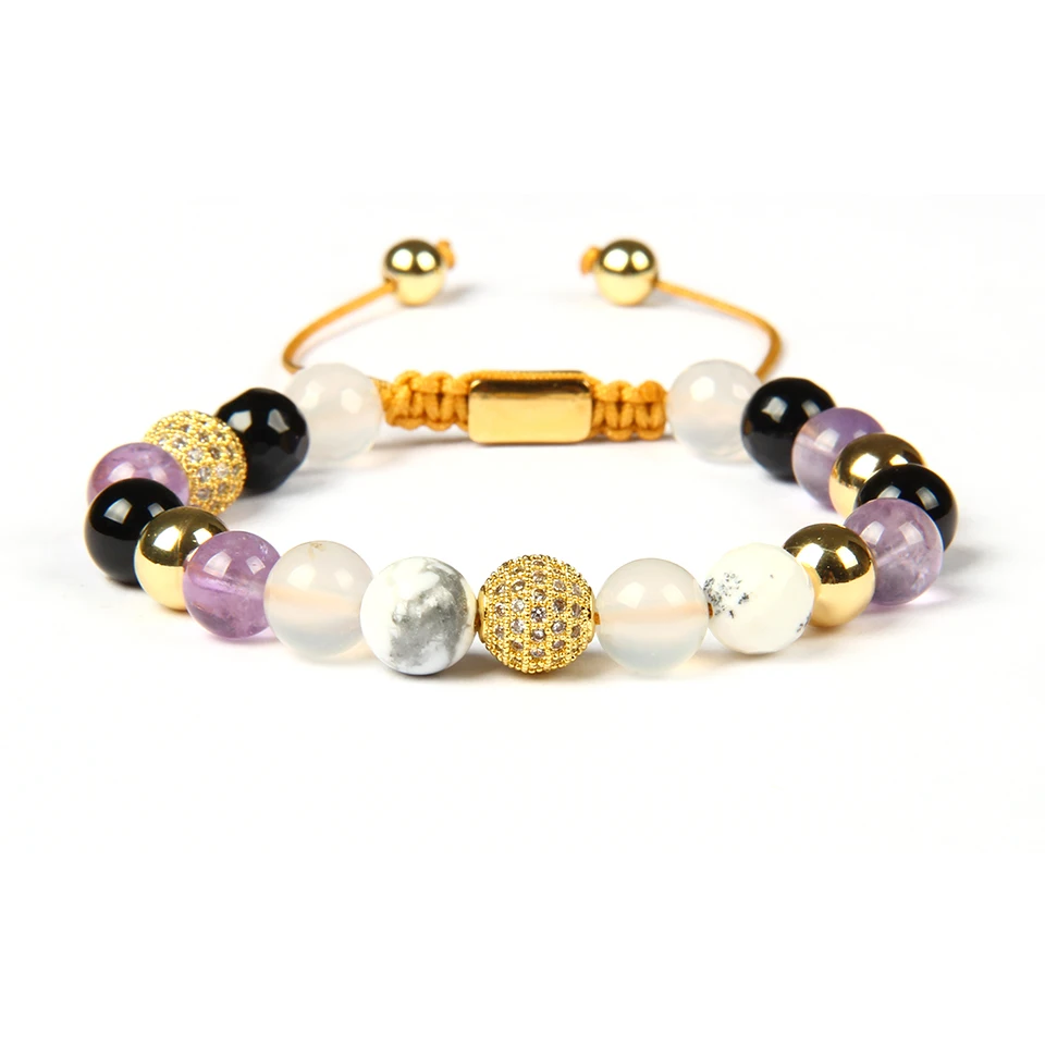 

Ailatu Men's Jewelry Micro Pave Cz Ball Macrame Bracelet with 8mm Natural Mix Stone Beads Stainless Steel