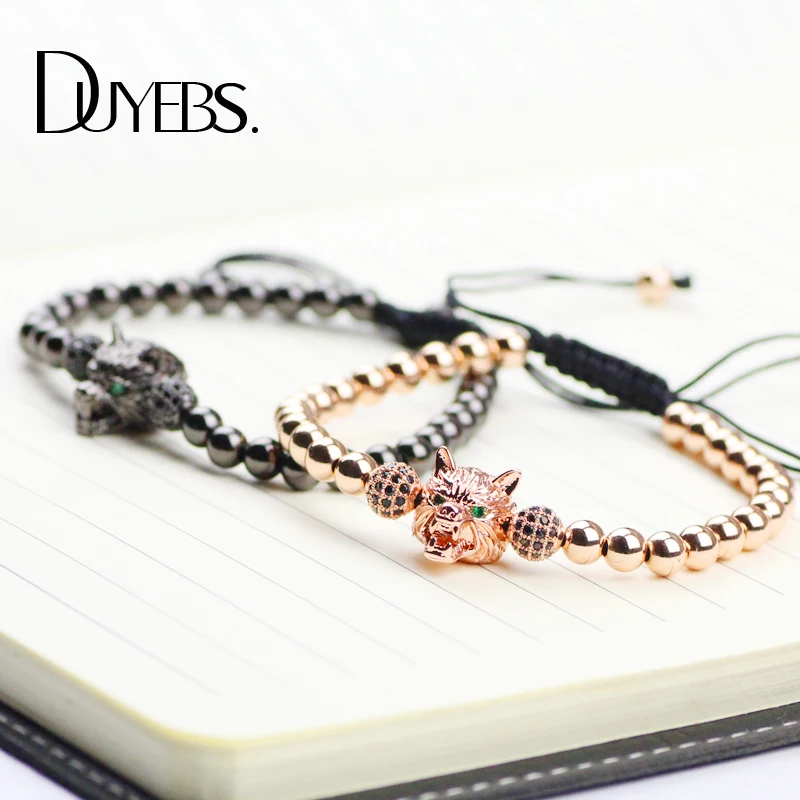 

DUYEBS Wolf Head Charm Bracelet Men 5/6mm Copper Beads Zircon CZ Ball Lucky Braided Rope Gold Color Women Bangle Fashion Jewelry