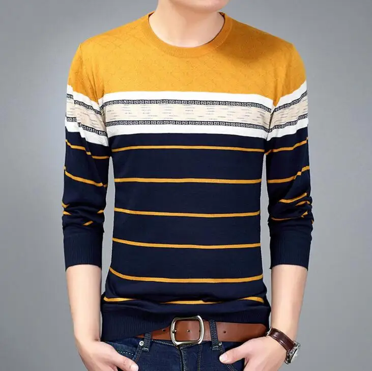 Мужская брендовая одежда на весну, осень и зиму, пуловер, мужская повседневная полосатая приталенная трикотажная одежда, трикотажный свитер