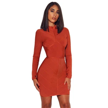 

New Fashion Arrivals Orange Long Sleeve Elegant Strong Stretch Bandage Dress Midi Dress New Year Party Outfit Clothing Wholesale