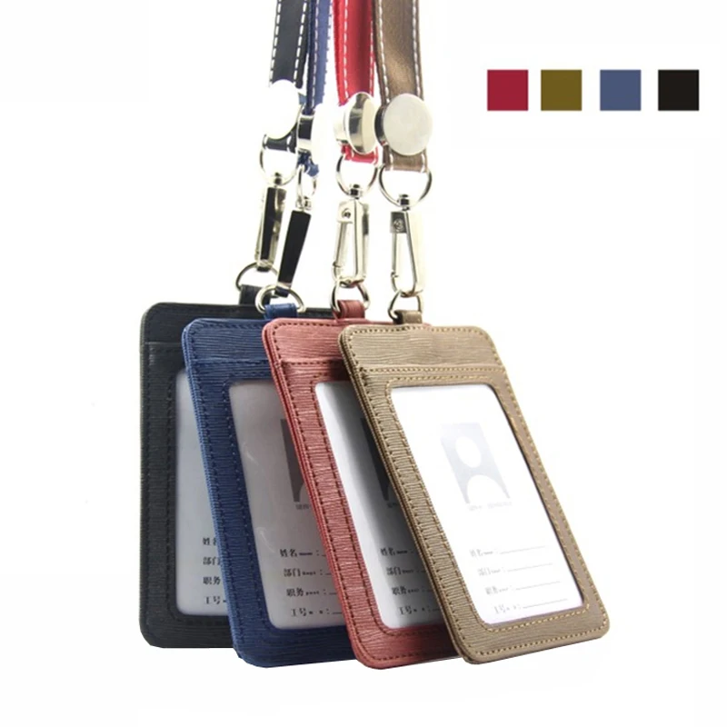 Badge holder with lanyard PU Leather Bank Credit Card Holders case Women Men Neck Strap Card Bus ID holders customized Wholesale