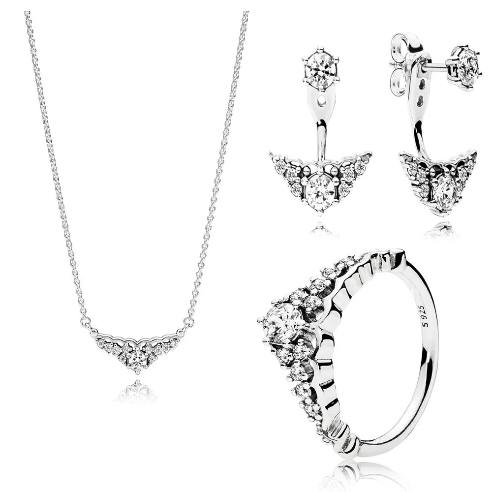 

2018 New 925 sterling silver Fairytale Tiara Earring Studs Necklace Ring1/Set Fit Original pan Jewelry set DIY Jewelry