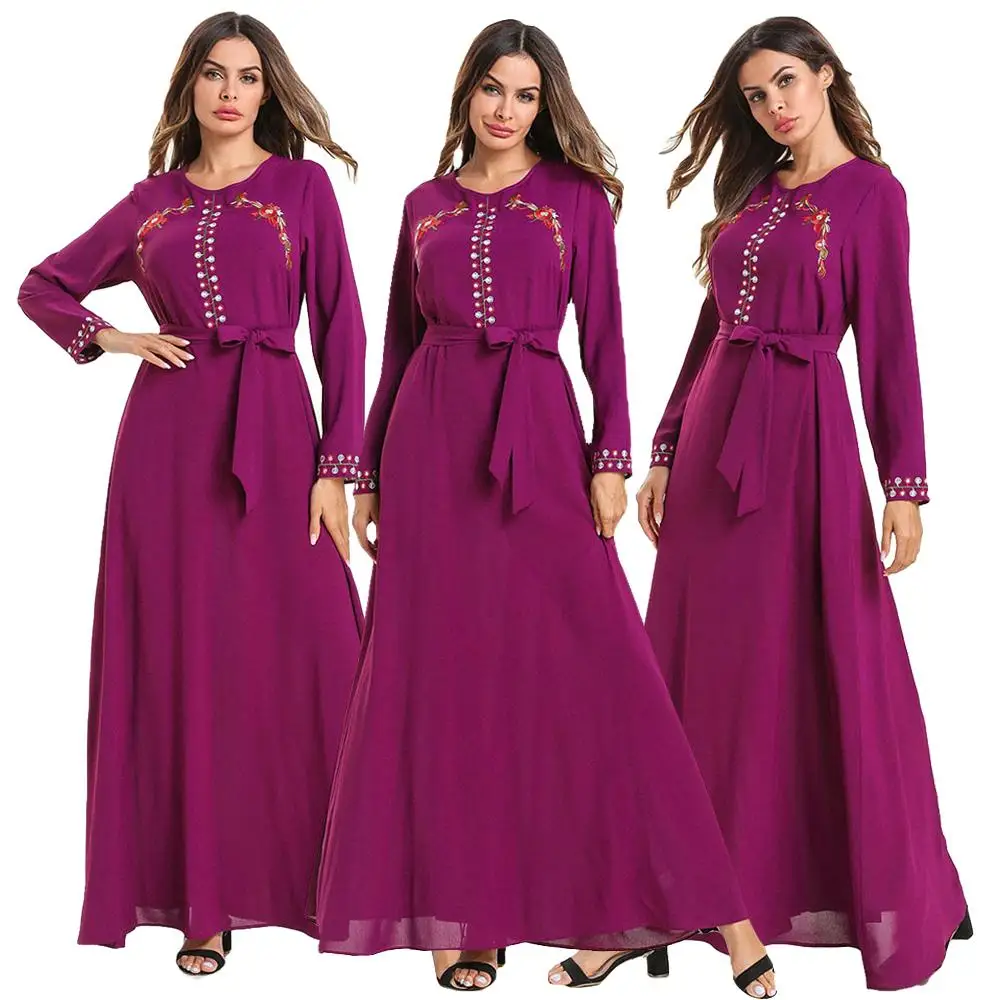 

Red Pink Plus Size 3XL 4XL Robe Dress Muslim Dress Button Floral Women Female Maxi Flower Embroidery Loose Pocket Sashes Dresses