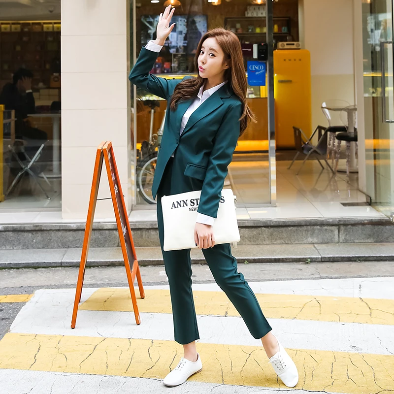 

2019 Fashion OL Suit Women's Solid Color Simple Classic Casual Design Long-sleeve Work Wear Blazer And Pants Twinset L713