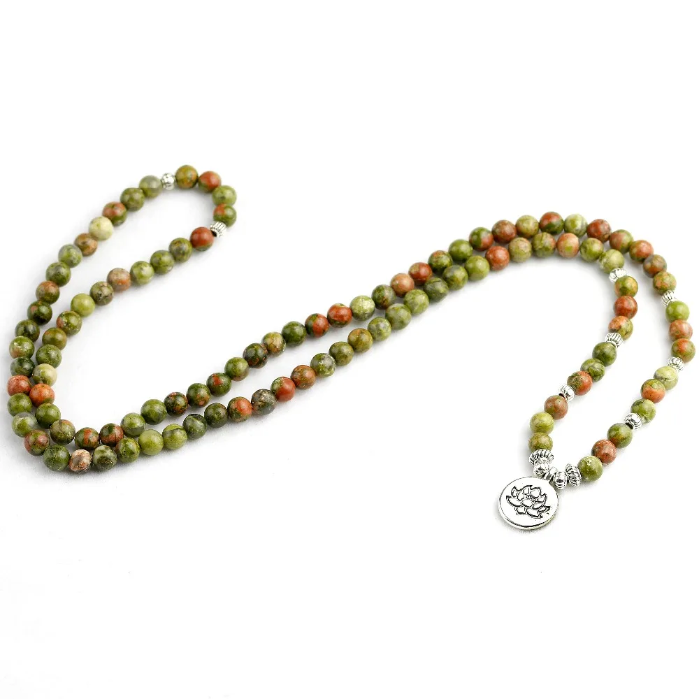 108 Mala Beads Bracelets Natural Stone Chinese Unakite OM Lotus Buddha Charm Bracelets Men Women Yoga Jewelry