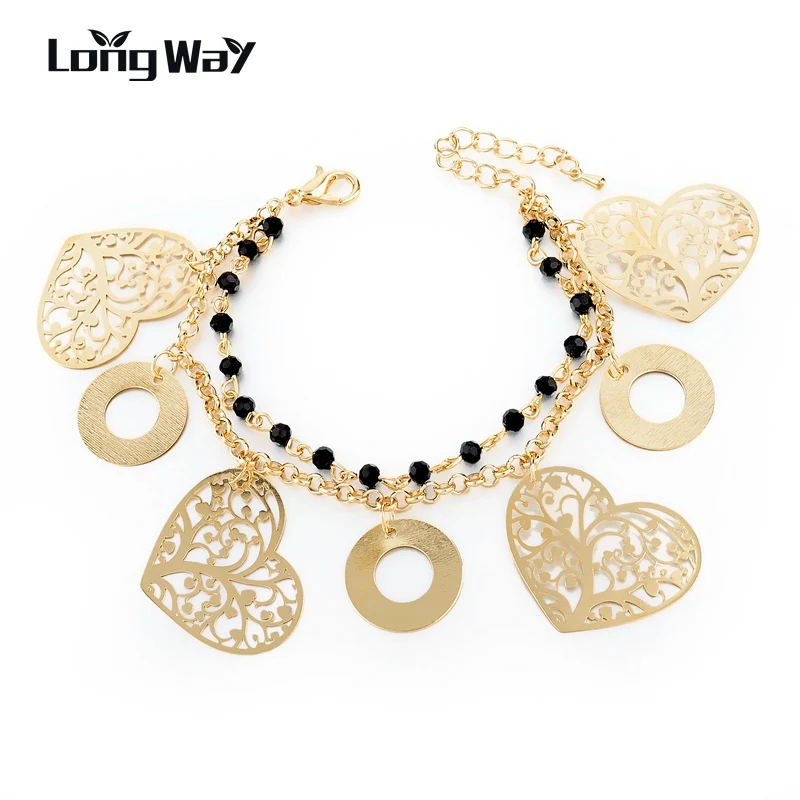 LongWay золотой цвет наручные браслеты с черным кристаллом сердце многоярусный браслет ювелирные изделия для женщин SBR160049103
