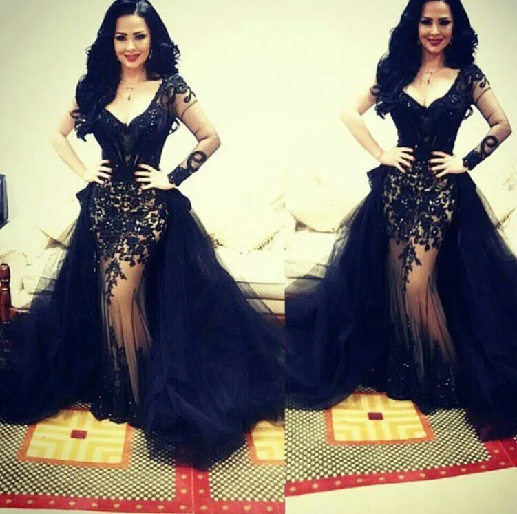 

2015 Long Sleeve V neck Evening Dress Detachable Skirt Appliques Tulle Party Prom Evening Gown