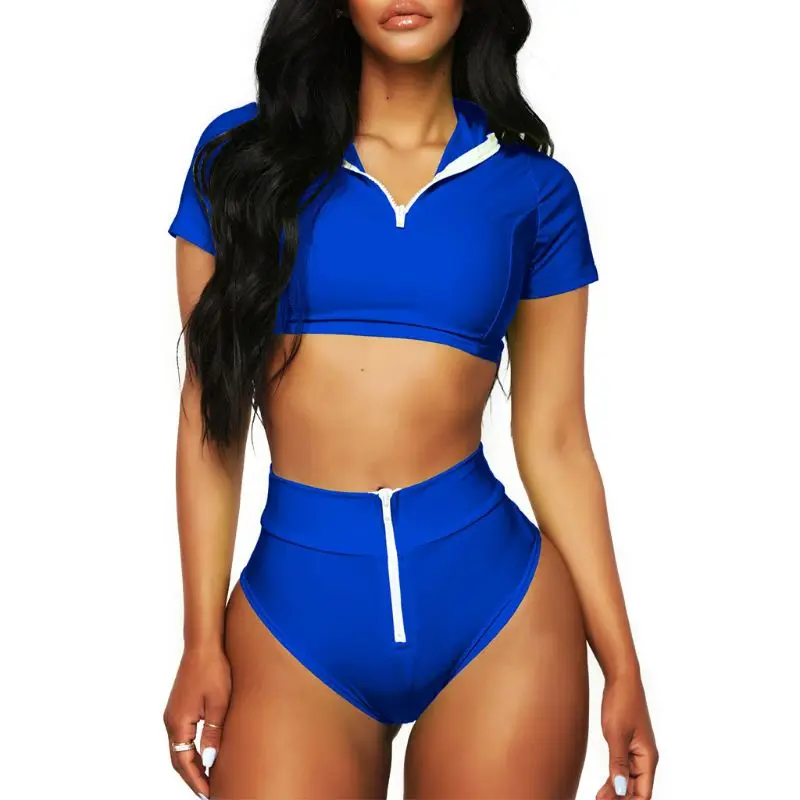 

Women Bikini Set Push Up Padded Short Sleeve Crop Top Sport Swimsuit High Waist Zipper Up Thong Solid Color Beachwear W20