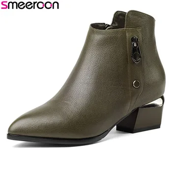 

Smeeroon fashion ankle boots med heels cow genuine leather boots zip autumn winter boots for women pointed toe ladies shoes