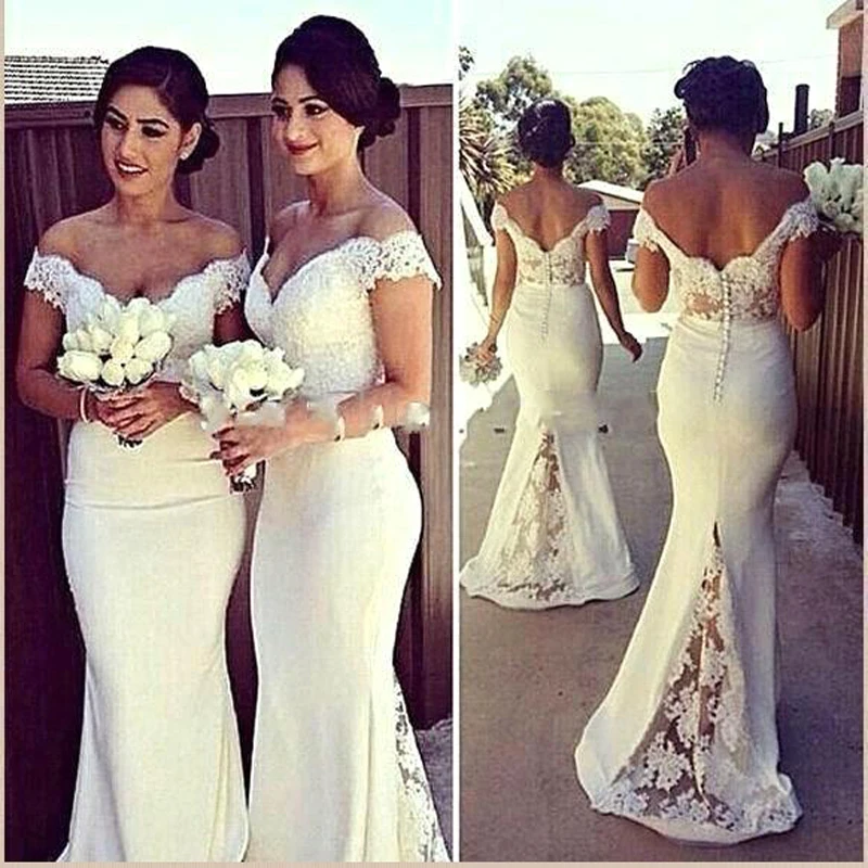Elegant Sweetheart Off the Shoulder Beige Mermaid font b Bridesmaid b font font b Dresses b