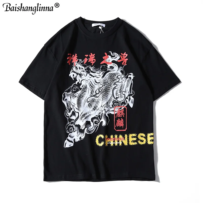 

Baishanglinna Chinese kylin Print Streetwear Tshirts Men Hip Hop Casual Short Sleeve T Shirts Tops 2019 Summer Male Tops