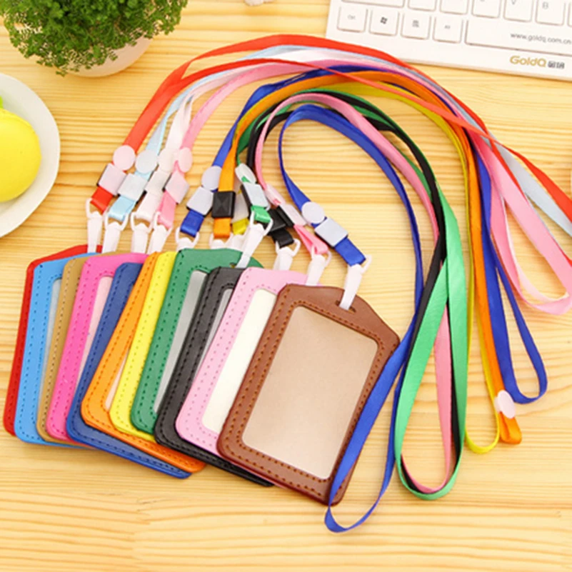 

10pcs Neck Strap Lanyard Badge Holders PU Name Card Case Certificate Horizontal Exihibiton With Lanyard School Office Tools