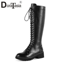 DORATASIA/ осенние черные сапоги до колена на платформе для девушек, женские сапоги для верховой езды из натуральной кожи на шнуровке, женская обувь на среднем каблуке, размеры 34-43
