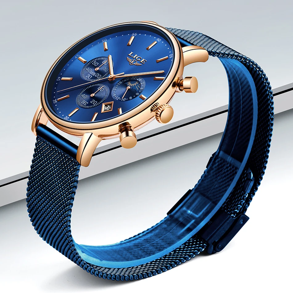

LIGE Blue Watch Top Brand Luxury Fashion Casual Men's Waterproof Quartz Watch Men Ultra-thin Mesh Steel Clock relogio Masculino