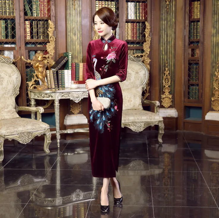 Китайский женский велюр ручной работы обмотка катушки Мандарин воротник вышивка павлин длинное Cheong-sam платье s m l xl XXL 3XL 4XLT0020