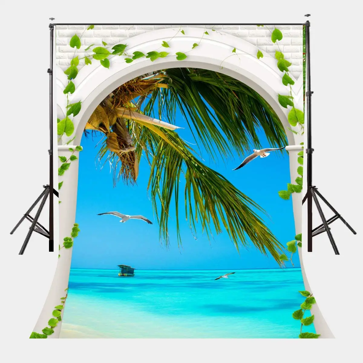 

150x220cm Summer Holiday Sea View Backdrop Flying Seagulls Blue Sky Green Tree Photography Family Holiday Wedding Party
