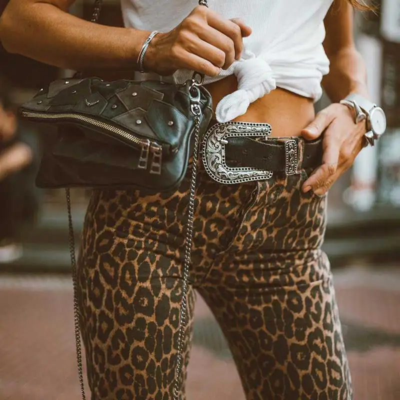 

Boho Inspired leopard PRINT JEANS High waisted button closure pencil pants autumn winter fashion casual trousers for women 2018