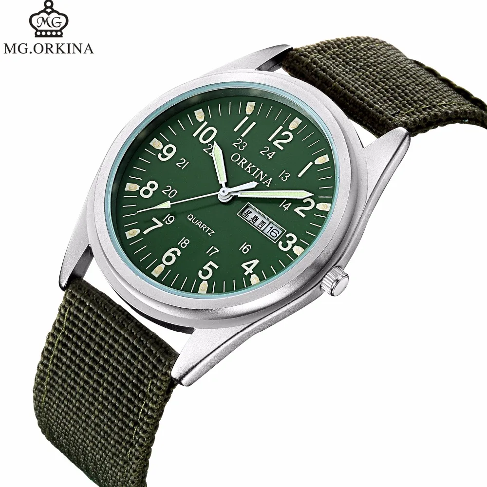 

2018 New Famous ORKINA Brand Men Date Quartz Watch Army Military Green Canvas Strap Analog Watches Sports Clock Wristwatches