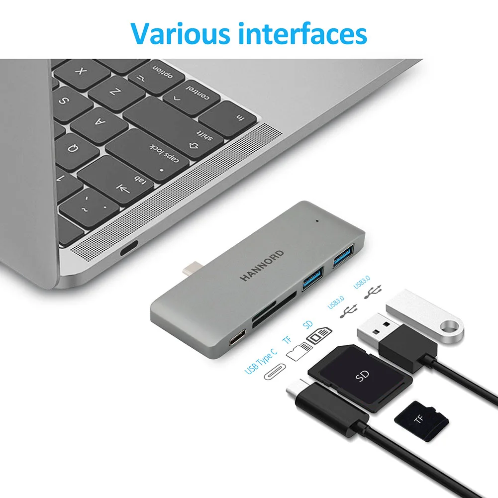 HANNORD Type-C Hub USB-C Adapter 5 Ports Type C Hub with PD charging USB 3.0 Port SD/Micro Card Reader for MacBook Pro Dock