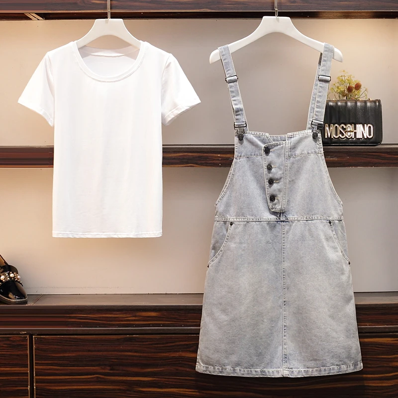

Plus Size Women's suit Solid T Shirt +Denim Dress two piece set Strap Jeans Dress Suit summer clothes Tops And Dress outfits