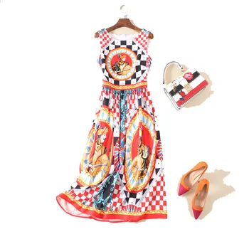 

European and American women's fashion 2019 spring new style Geometric spell vintage printing fashion sleeveless Elegant dress