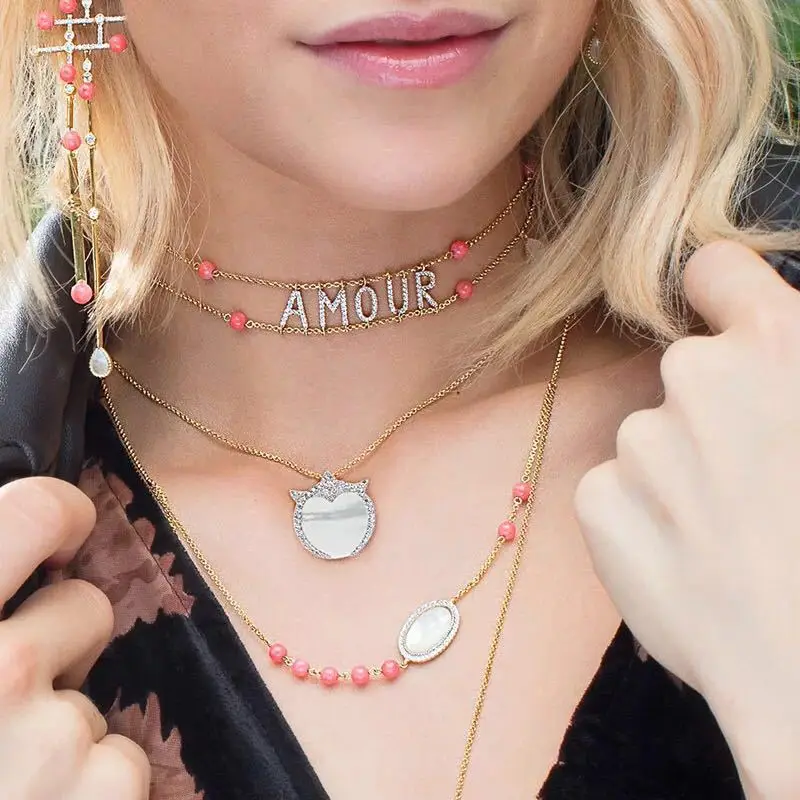 

Real Sterling Silver Initial Letter Amour Necklace Red coral shell choker Zircon Name Pendant for Women Brand Monaco Jewelry