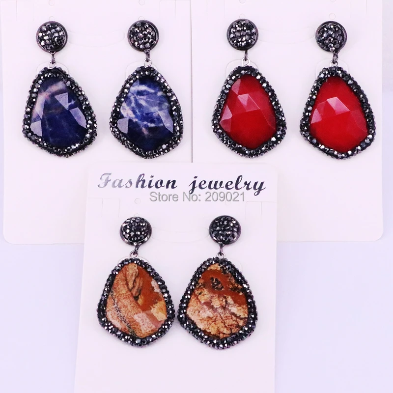 

5Pairs Faceted Natural Stone Dangle Earrings with Black Rhinestone Women Trendy Drop Earrings