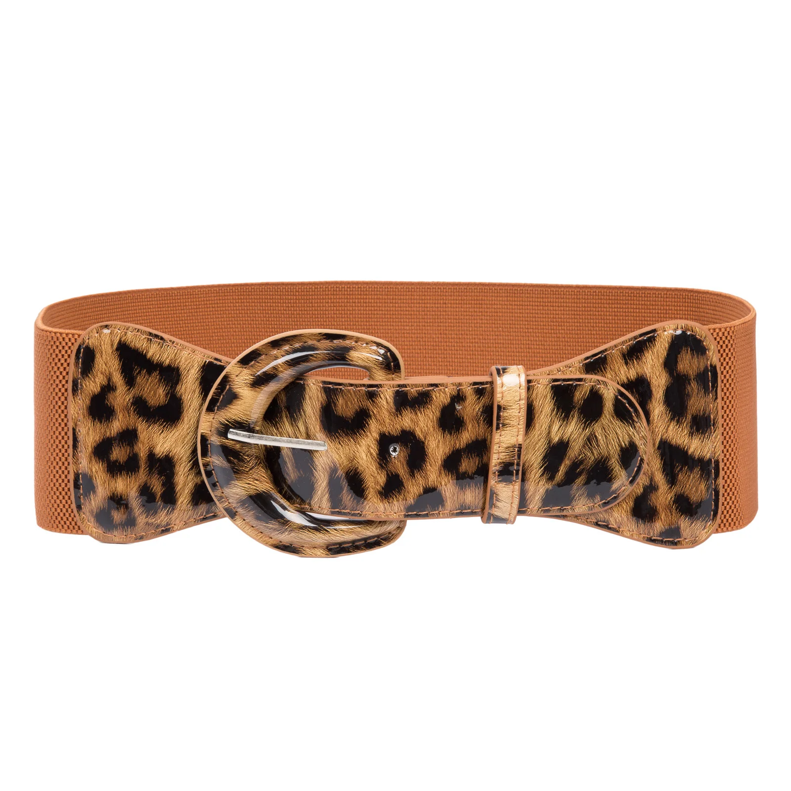 Brown Leopard Однотонный пояс для женщин, девушек, Элегантный Ретро Широкий полиуретановый кожаный ремень, повседневный эластичный пояс с пряжкой - Цвет: Brown Leopard
